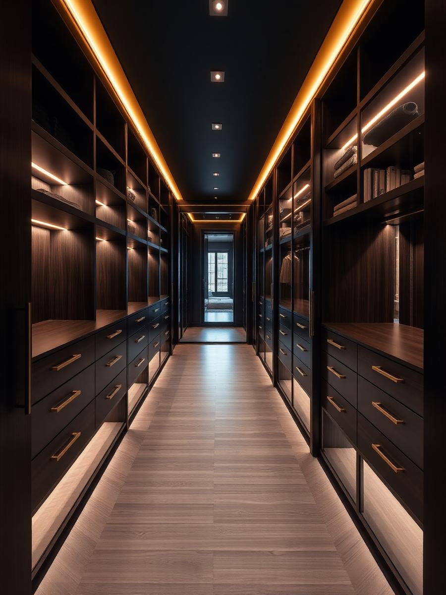 Closet planejado sob medida com iluminação embutida e ferragens douradas
